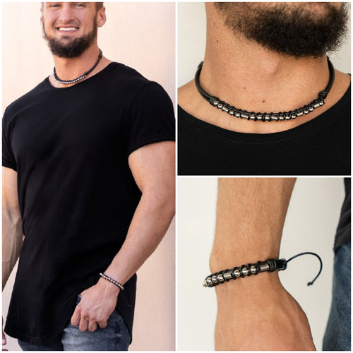 Bronco Brawler Men's Necklace/Bracelet Set Black and Silver