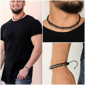 Bronco Brawler Men's Necklace/Bracelet Set Black and Silver